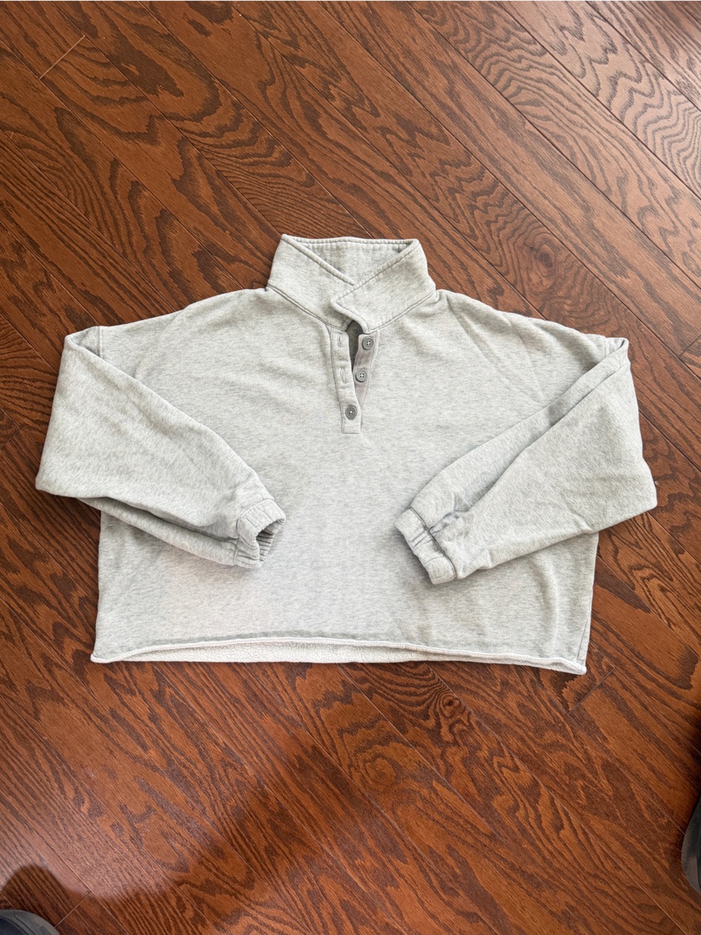 aerie Light Gray Cropped Henley Pullover Sweatshirt